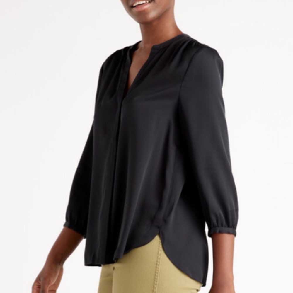 NWT Quince - Women's Washable Stretch Silk V- Neck 3/4 Sleeve Blouse Black SZ XS